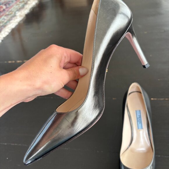 Prada Pewter Metallic Leather Pointed Toe Pumps – Size 37.5 (BRAND NEW) - Picture 11 of 16